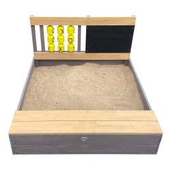 Spatiu Cutie de joaca Kitty Tabla de scris nisip cu bancuta Gri Maro - Lada din lemn cu Joc X si Zero  si spatiu de depozitare pentru copii in gradina Axi
